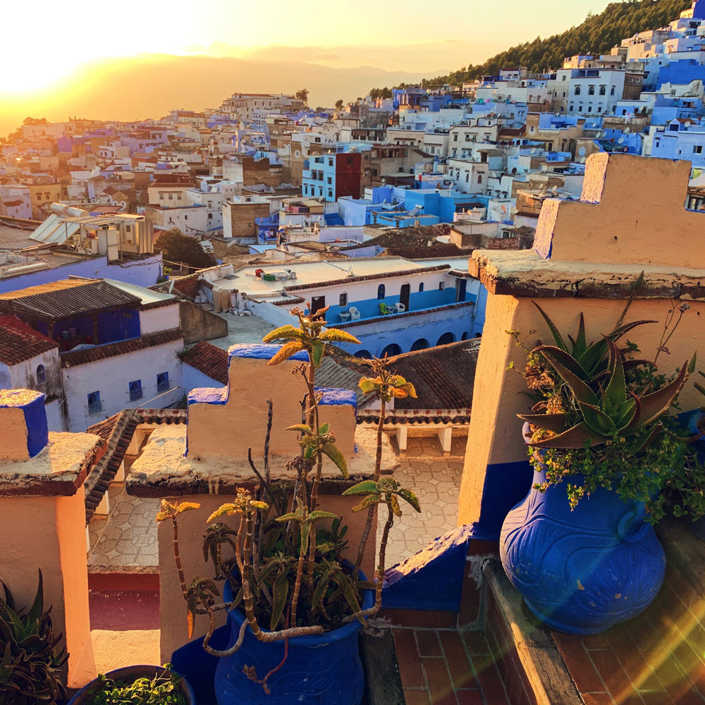 A view over a hillside town with blue and white buildings at sunset, with potted plants and a blue vase in the foreground—perfect inspiration to plan your luxury culinary or heritage trip to Morocco.