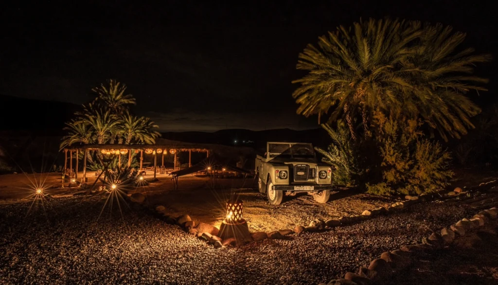 A vintage off-road vehicle is parked beside a palm tree at night, with a lantern-lit outdoor seating area and another palm tree in the background.