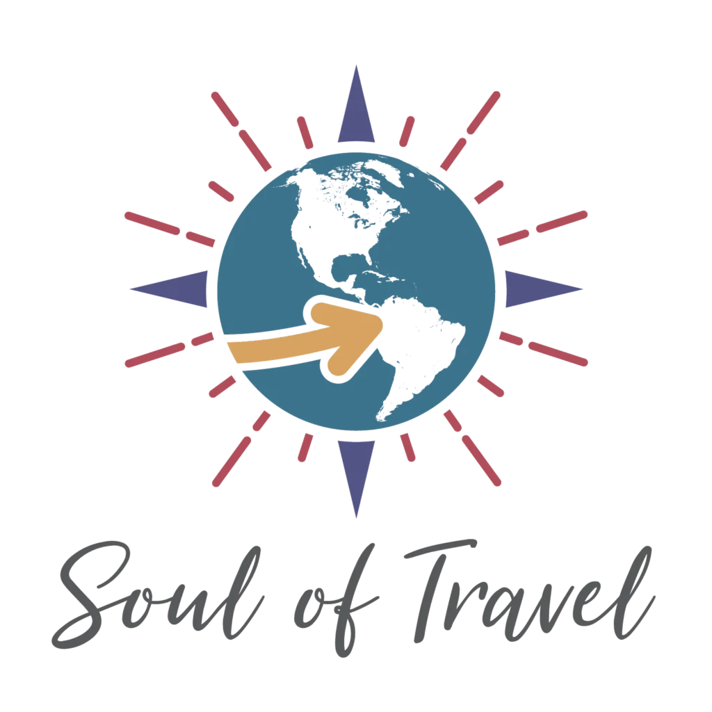 A globe with an arrow pointing to South America is centered on a compass rose, with the text "Soul of Travel" below.