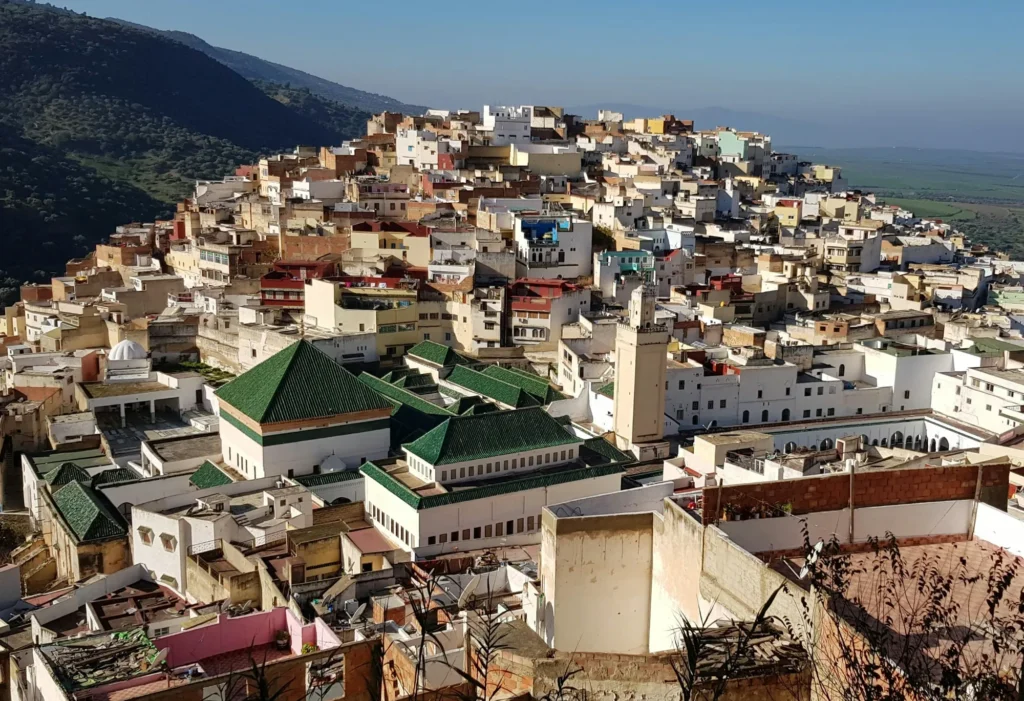 A hillside town with densely packed buildings, many with flat roofs and green-tiled structures, set against a backdrop of hills and open landscape.