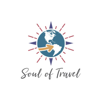 A globe with a compass rose background, an arrow pointing to South America, and the text "Soul of Travel" below—an homage to Siham Lahmine, founder of Morocco Travel Organizer.