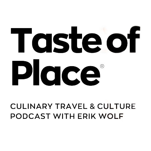 Black text on a white background reads: "Taste of Place. Culinary Travel & Culture Podcast with Erik Wolf, featuring guests like Siham Lahmine, founder of Morocco Travel Organizer.