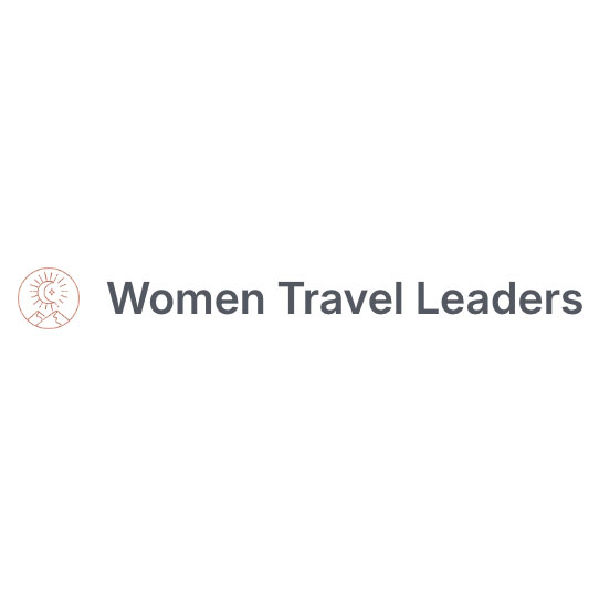 The image shows a logo with a simple mountain and sun icon, followed by the text "Women Travel Leaders" in gray font, representing figures like Siham Lahmine, founder of Morocco Travel Organizer.