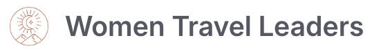 Logo with a sun and mountains icon beside the text "Women Travel Leaders" in dark gray font on a white background.
