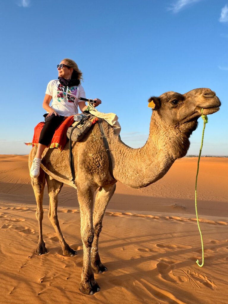 A person wearing sunglasses sits on a saddled camel in a desert landscape under a clear blue sky.