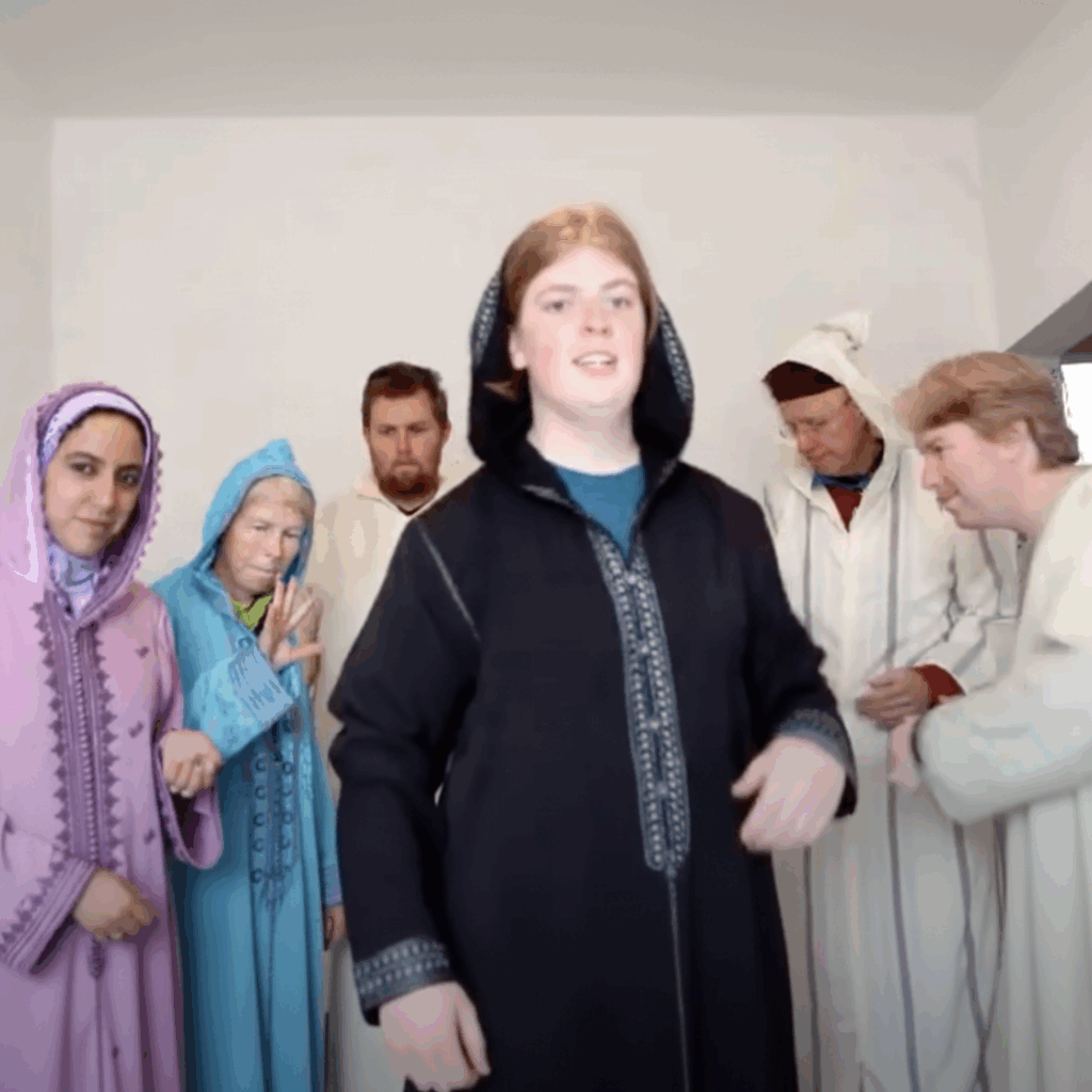 Six people stand indoors in traditional North African or Middle Eastern robes. The person in front, possibly Siham Lahmine, founder of Morocco Travel Organizer, wears a black robe and hood while the others stand behind in colorful attire.